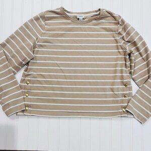 J. Crew Beige and White Striped Long Sleeve Top Gold Side Buttons XL